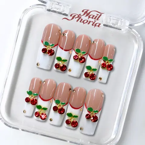 NailPhoria FRENCH CHERRY - Handmade Press-On Nails | Reusable, Salon-Quality, Long-Lasting, Glossy Design
