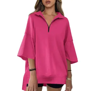 Imily Bela Womens Oversized Sweatshirt Casual Zip Up V Neck 3/4 Sleeve High Low Pullover Tunic Tops