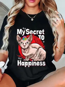 100% Cotton My Secret To Happiness Beautiful Sphynx Cat Graphic T-Shirt for Men Women
