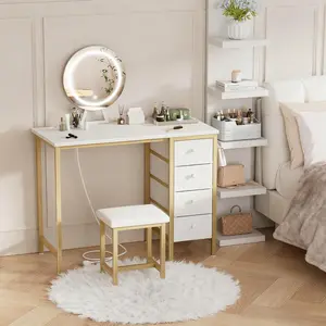 Gold Vanity Desk with Mirror and Light- Makeup Vanity Set Table with Chair, Storage, Lighted Mirror, 4 Large Fabric Drawers & Power Outlet, Dressing Table Vanities for Girls Bedroom Get Free Gift