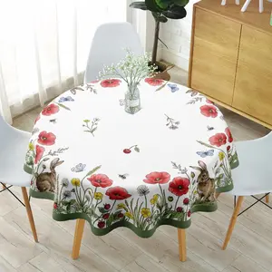 1PC Round Tablecloth, White Background with Hand-Drawn Red Poppies, Hares, Butterflies, Bees & Wildflowers (Pastoral Fresh Style), Decorative Linen for Dining Table & Home Decor