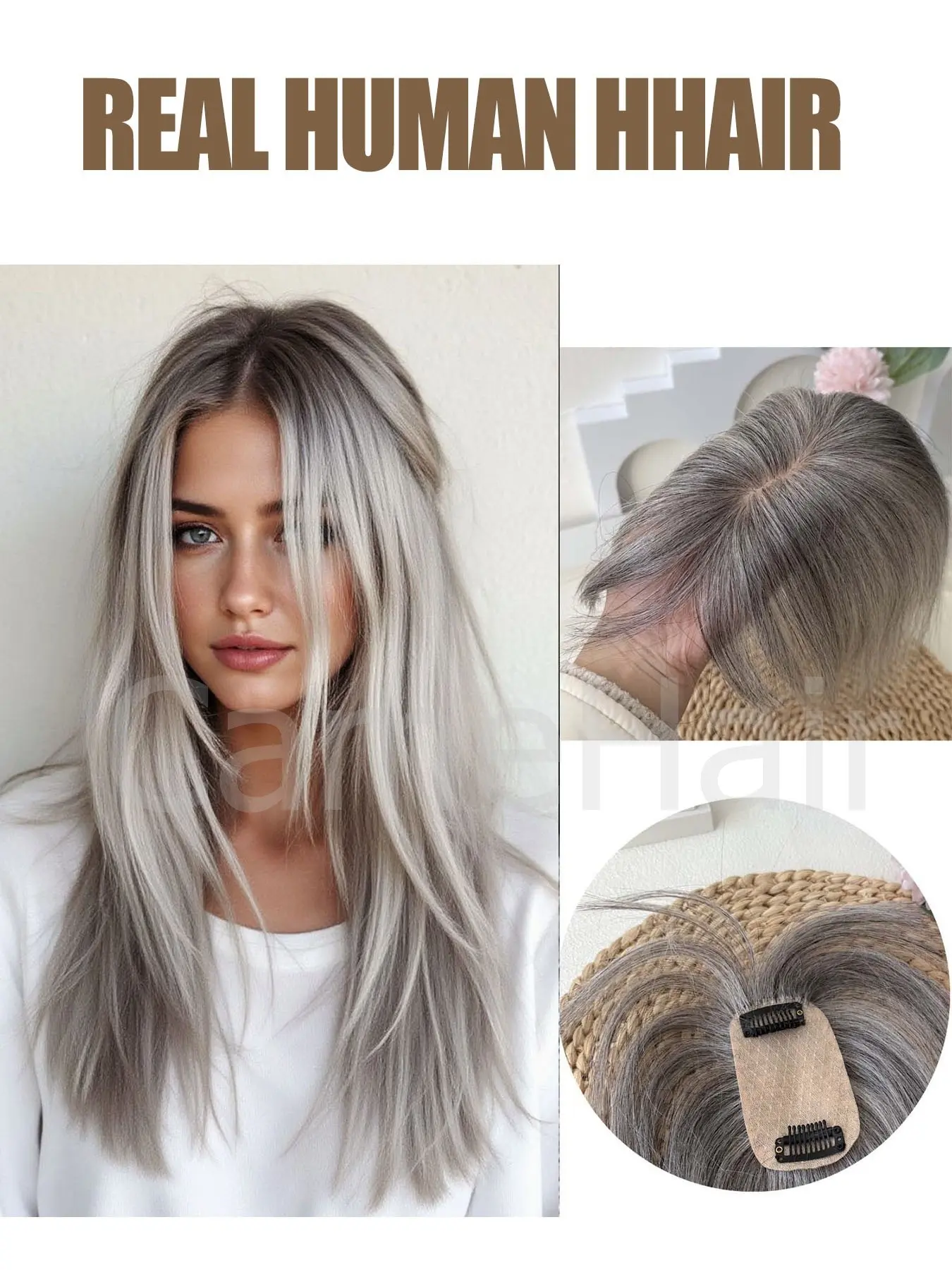 Hair Toppers for Women Hair Clip in Bangs Wig With Bangs Natural Skin Scalp, Realistic Illusion Hairline, Thinning or Loss Top Pieces Wiglets 360° 3D Topper Base With Thinning Hair Cover Gray Roots Add Volume for Halloween Christmas