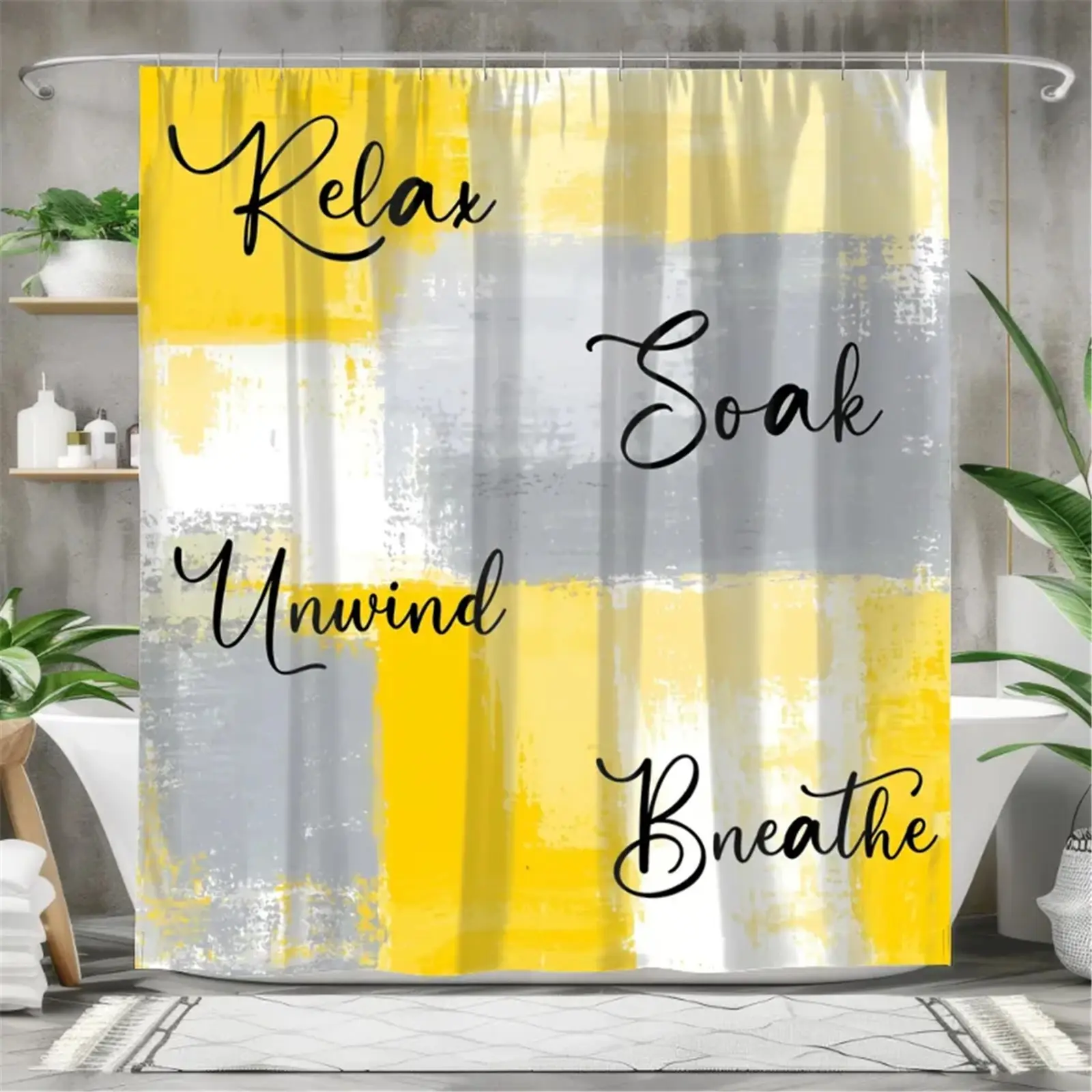Yellow-gray English slogan shower curtain set, waterproof shower curtain with 12 hooks, non-slip bathroom carpet, toilet U-shaped cushion, toilet seat cover cushion, bathroom decoration, bathroom shower curtain set, perfect mobile gift