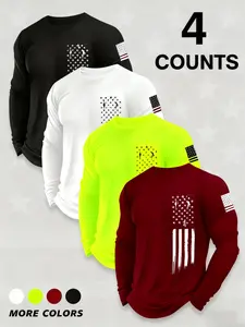 4pc Men's Round Neck Long Sleeve T-Shirt Set, Casual Knitwear Knitted Polyester Top, Elastic Basic Fit, Flag Print, Breathable Quick Dry, All Seasons