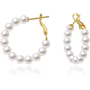 5MM Thick Pearl Hoop Earrings for Women, Lightweight Pearl Earrings with 925 Sterling Silver Post, Hypoallergenic Pearl Hoop Earrings 20/30/55MM-