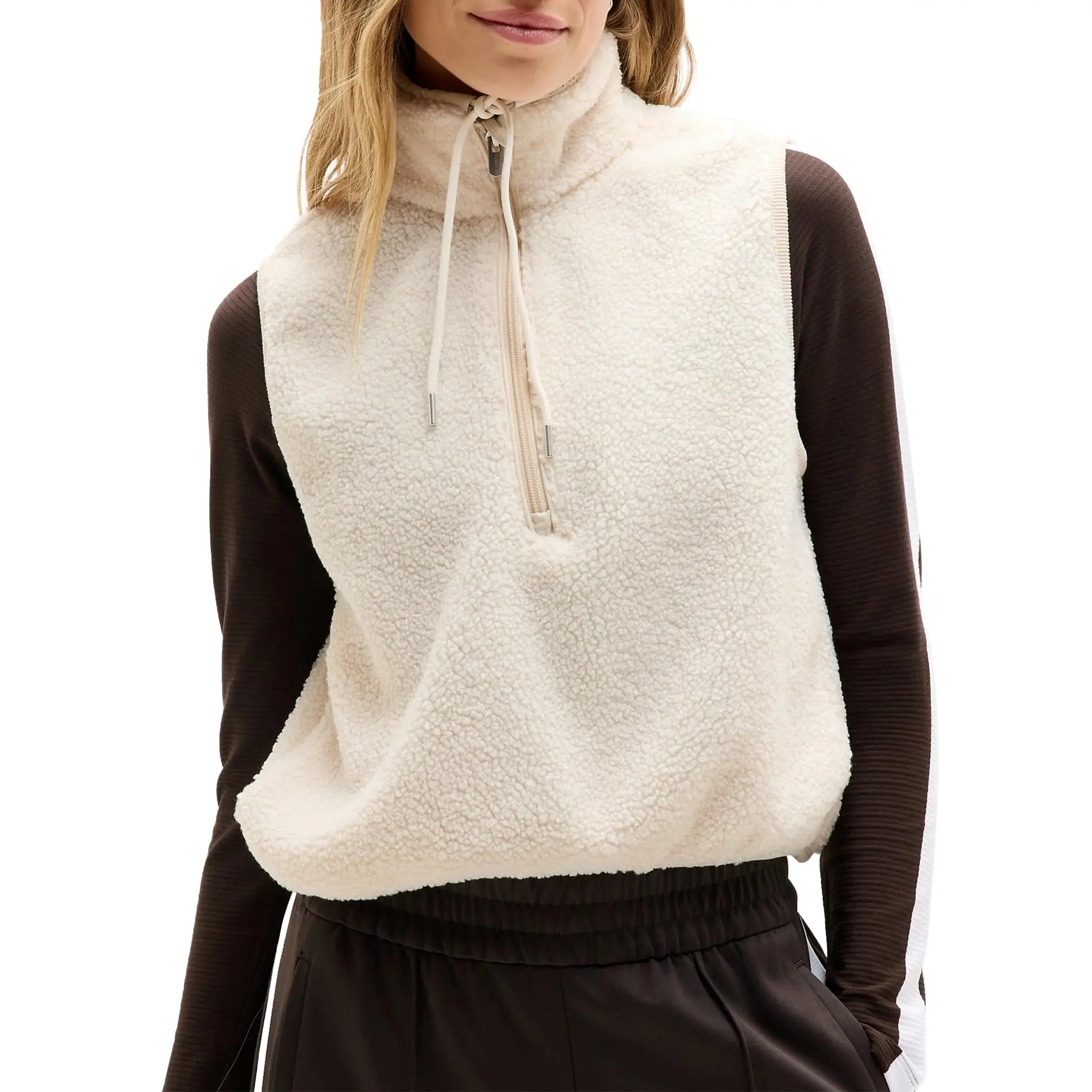 Hixiaohe Women's Cute Soft Fuzzy Fleece Vest - High Neck, Cropped, Half-Zip Closure, Adjustable Drawstring, Warm Sherpa Garment, Pockets, Zip Pocket, Flattering Fit, Casual, Oversized, Solid, Sleeveless Pullover, Tops, Basic