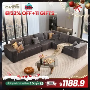 【3 Packages Shipping】Ovios 137.8" Sectional Cloud Couch for Living Room, Modular Floor Sofa with Plush Corduroy, No Assembly Required, Big Comfy Couches Set with Fluffy Memory Foam, Stupendous L Shaped Sofas with Chaise
