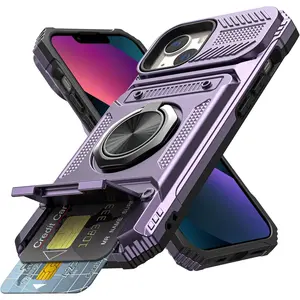 for iPhone 13 Wallet Case with Card Holder [Store 2 Cards] + 360° Magnetic Ring Stand Dual Layer Heavy Duty Protective Shockproof Wallet Phone Case Cover for iPhone 13 for Women Men, Purple