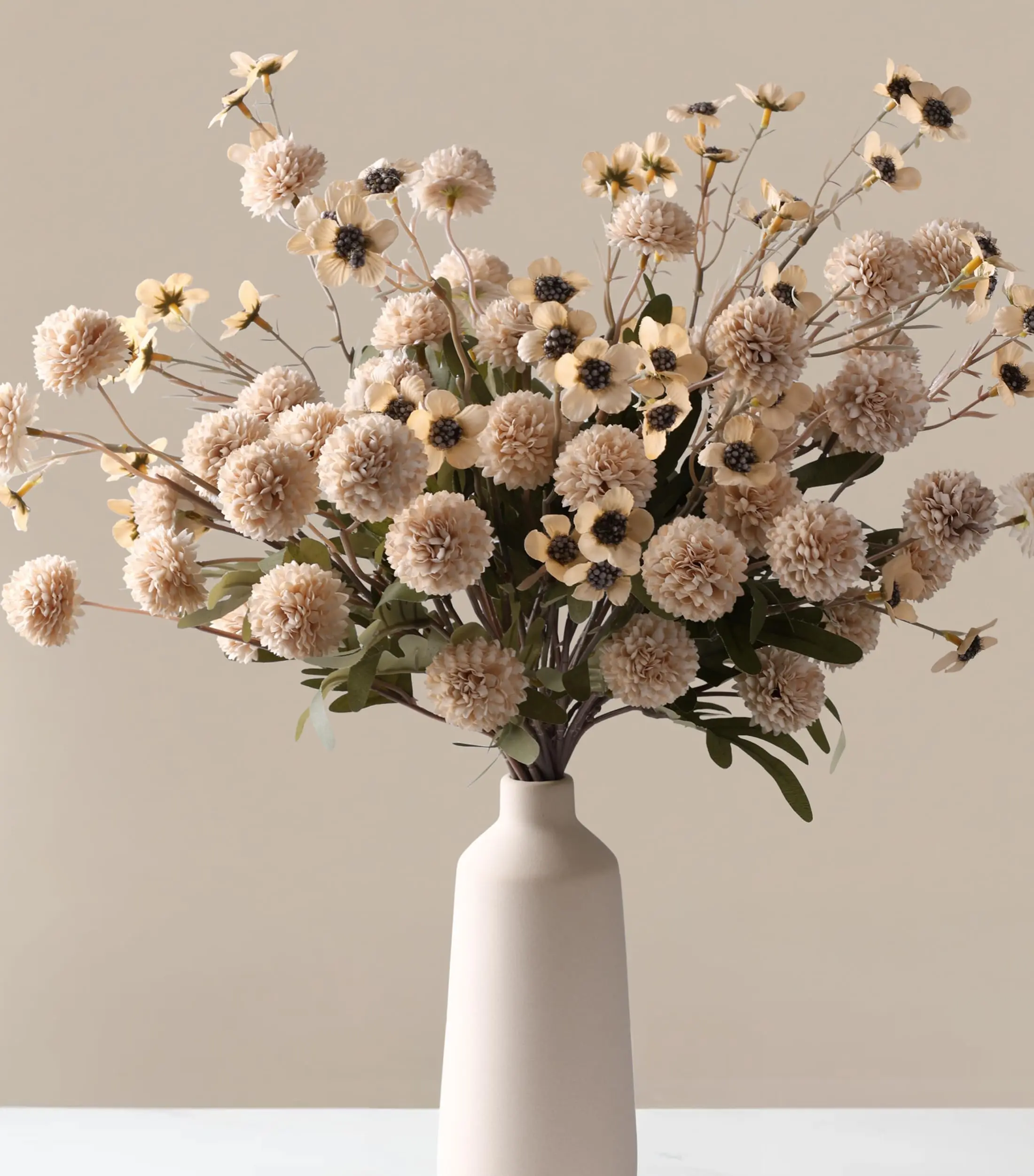 Ivydale Fake Kiku Flowers, Faux Silk Pompon Mums Artificial Flowers, Chrysanthemum Stems Floral Arrangement Dried Flowers Vintage Decorative Indoor Home Decor Beige with Wax (Vase not Included)