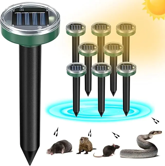 8-Pack Solar Mole & Snake Repellent Stakes, Rodent-Control Ultrasonic Pest Repeller with Solar Charging, Waterproof Outdoor Sonic Deterrent for Yd, Easy to Use Lawn Protection for Gophers, Voles, Groundhogs, Squirrels
