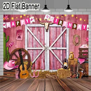 2D flat banner, 1pcWestern Cowboy Themed Birthday Backdrop with Pink Wooden Plank Design, Featuring 'HAPPY BIRTHDAY' Bunting, Cow Skull Decor, Cactus, and Festive Accents for Vibrant Party Decorations
