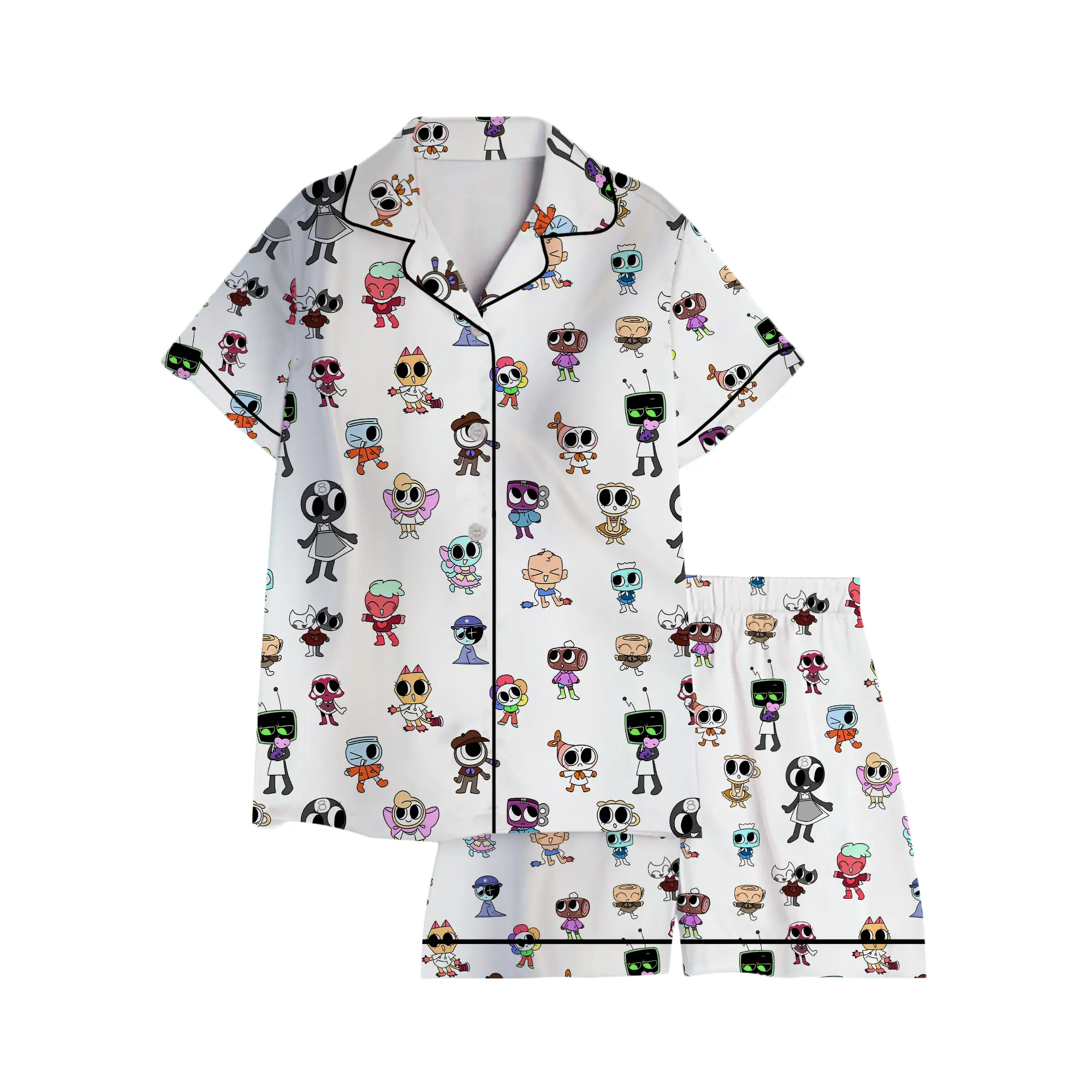 Dandy’s World All Characters Print Pajama Set for Women Men – Short Sleeve Button Down Shirt and Shorts – Cute Cartoon Loungewear Sleepwear – Unisex Summer Casual Homewear Outfit