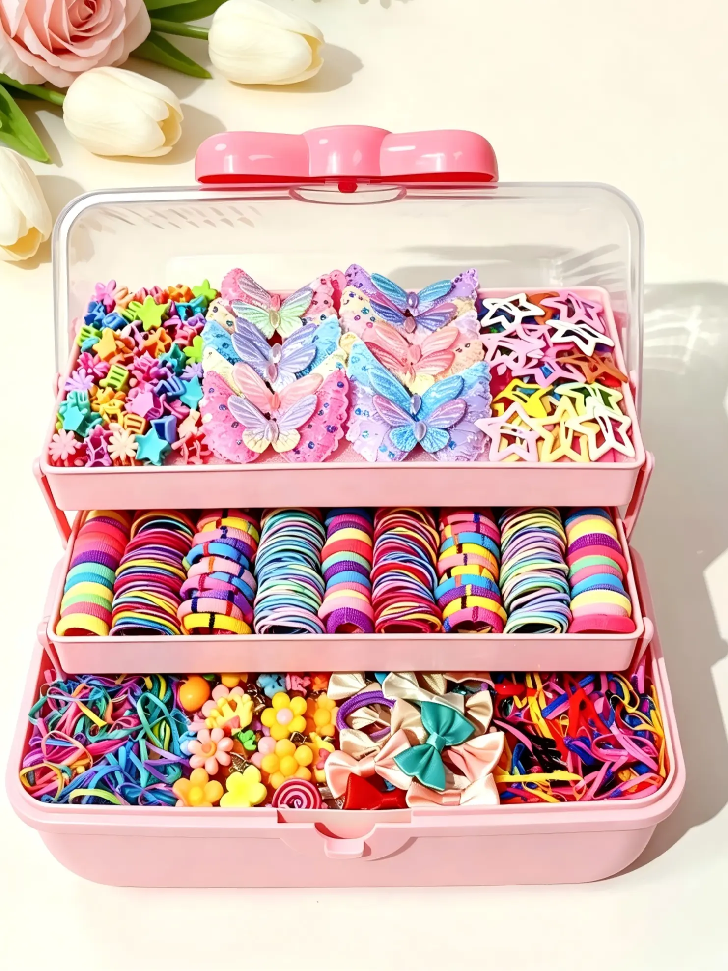 887-piece/set hairstyle accessory gift box, including 3-layer storage box, butterfly flower hair clips, bow hair ties, Flower hair accessories, suitable for girls and women for daily wear and birthday or holiday gifts
