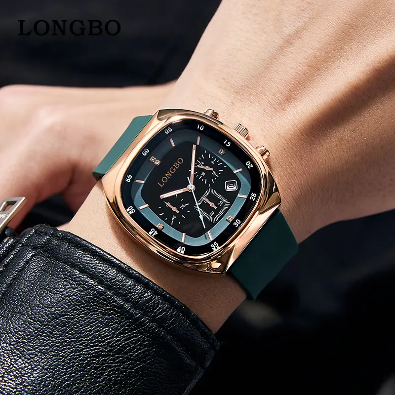 LONGBO Retro Square Men's Watch, Light Luxury Rose Gold Case, Silicone Strap, Multi functional Timing Three Eye Dial, Diamond studded Calendar Display, Trendy Versatile Business and Leisure Watch, Waterproof Night Light Style Men's Quartz Watch tiktokshop