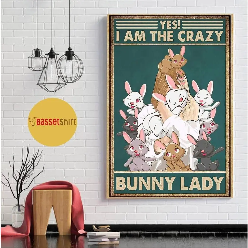 Vintage Decor - I am the crazy bunny lady vintage Poster, Home Decor - Unframed Canvas Poster Room Gifts Colorful Ornaments Decoration Print