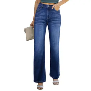 Sidefeel Women's Wide Leg Jeans Casual High Waisted Straight Zimbaplatinum Denim Pants with Pockets