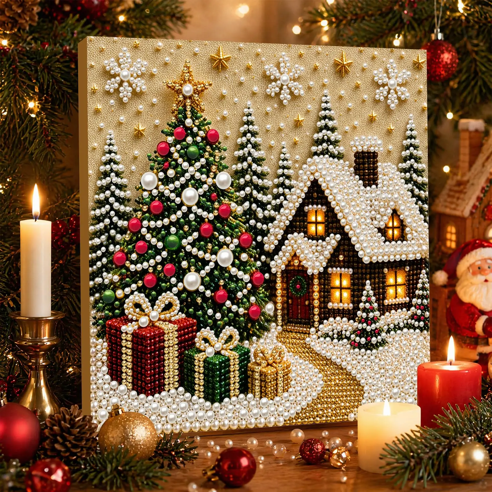 10‘’x10‘’DIY Christmas Pearl Diamond Painting Art Kit with Frame  3D Pearl Art Craft Kit, Christmas Pearl Beads Art Craft for Adults Beginner, Gemstone Diamond Dots Beads for Home Wall Decor
