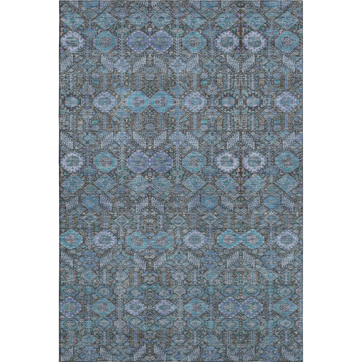 212 MAIN Decorative Area Rug, 3x5 ft. Teal & Gray Tribal Print Machine-Made Rectangle, Polyester Fiber Flat Pile, Transitional Style, Washable, UV Protected