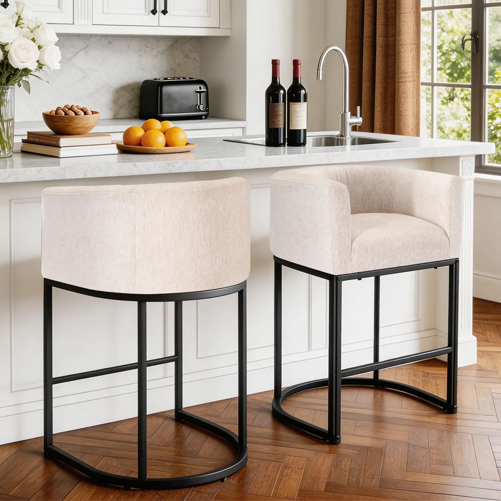Barrel Shape Linen Counter Bar Stools, Upholstered Metal Leg Bar Chairs for Kitchen Island & Home Bar