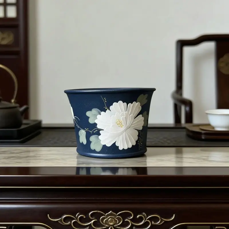 05Handmade Purple Clay Fragrance Tasting Cup, Creative Blooming Peony Relief Zisha Cup