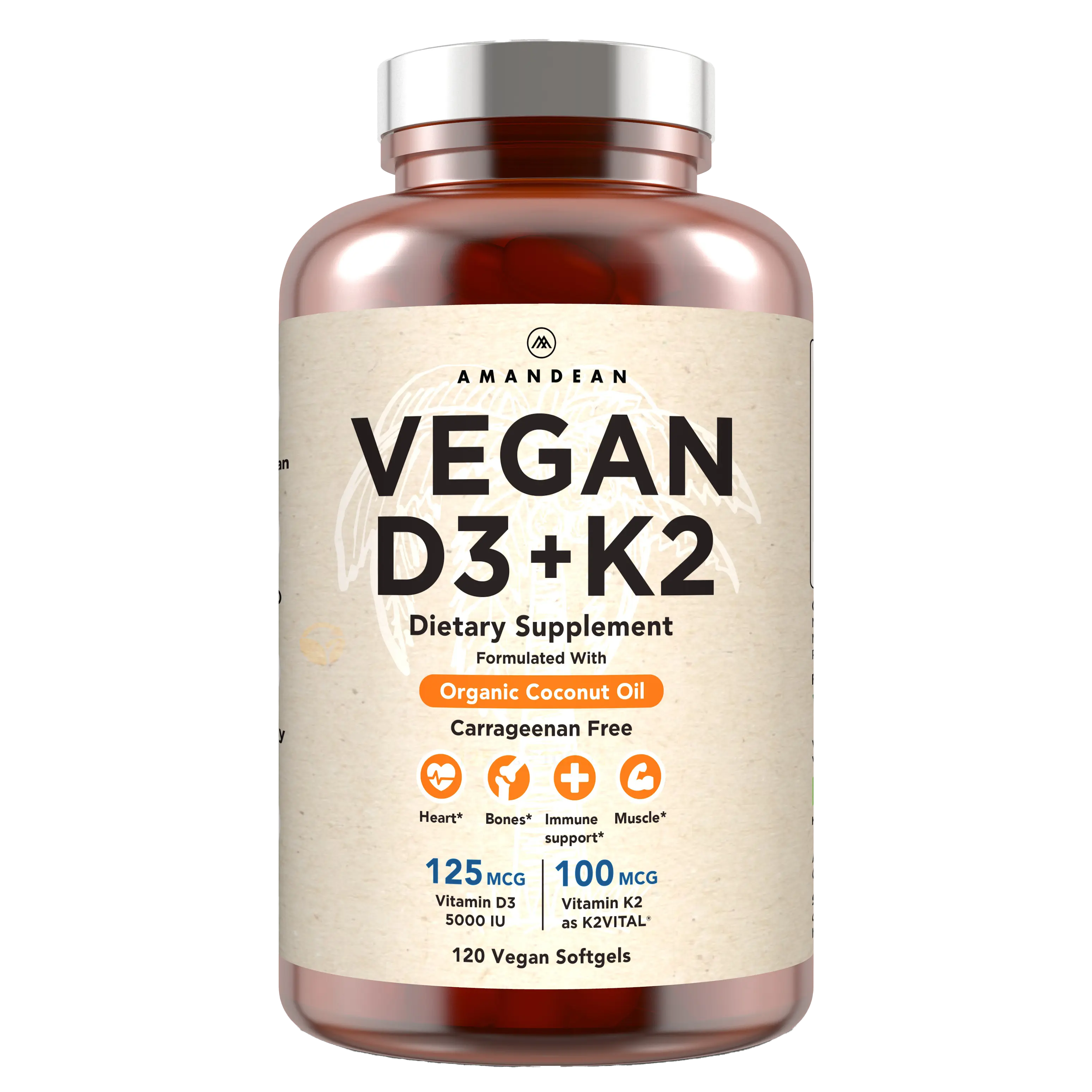 Vegan Vitamin D3 + K2 (120 Softgels) Dairy Free Supplement Capsule Supplements Calcium Muscle