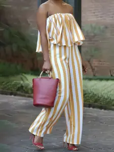 Striped Halter Top Set, Outfit, High-Waisted Wide-Leg Pants, Slimming Fit, Beach Vacation Party, Luxurious Holiday Style, Chic, Elegance, Womenswear