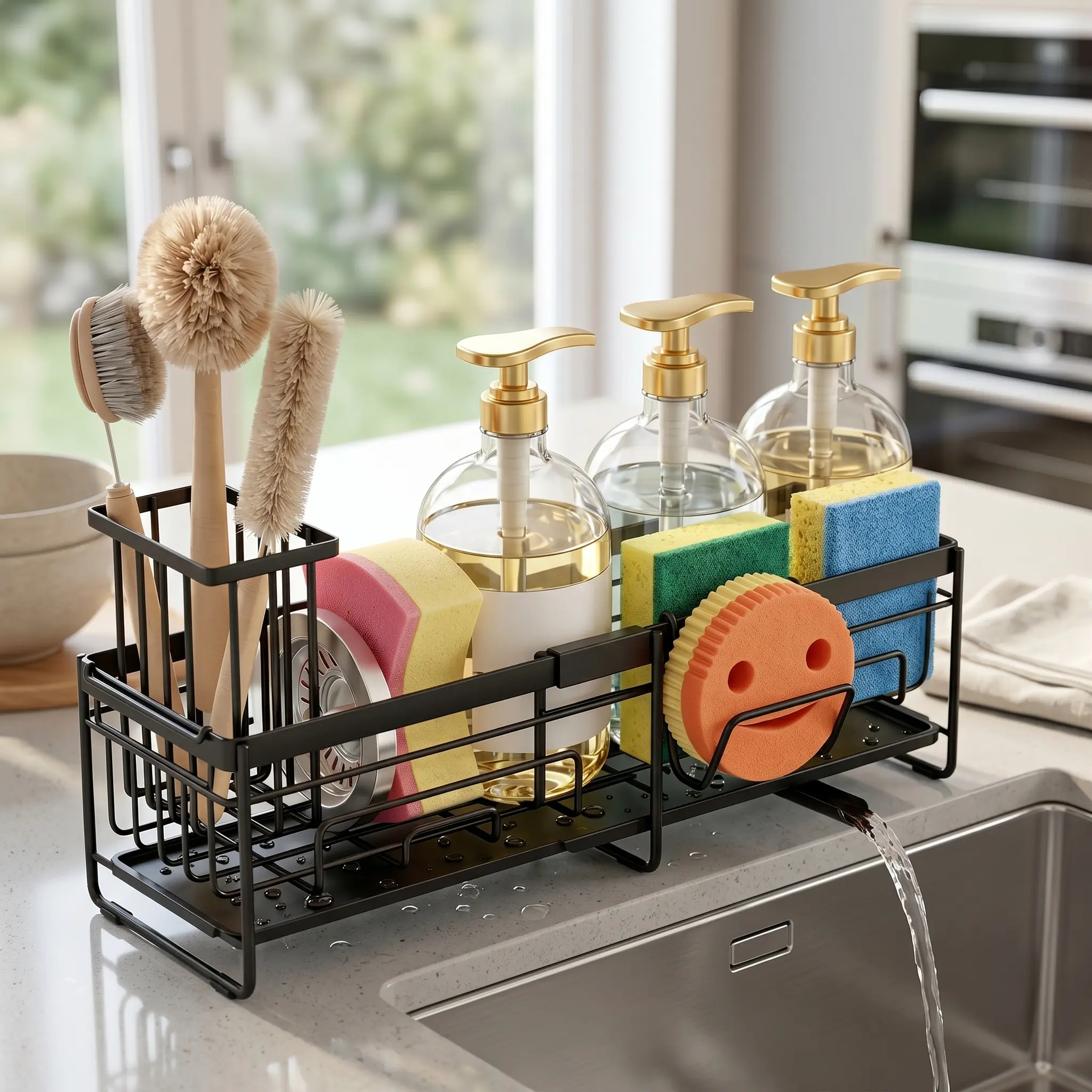 Stainless Steel Extra Large Expandable Kitchen Sink Sponge Holder Tool - Rustproof Adjustable Metal Rack with High Brush Holder, Dish Soap Dispenser, Bottles Organizer Draining Boards, Hanging Sink Organization with Automatic Drainage, Reduces Kitchen Cho
