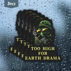 5Pcs Chill & Trippy Alien "Too High For Earth Drama" Waterproof Vinyl Sticker, Self-Adhesive Single-Use Decal, Suitable For Water Bottles, Laptops, Cars, Tablets And More, Ideal For Alien, Stoner Culture And Cosmic Chill Enthusiasts.