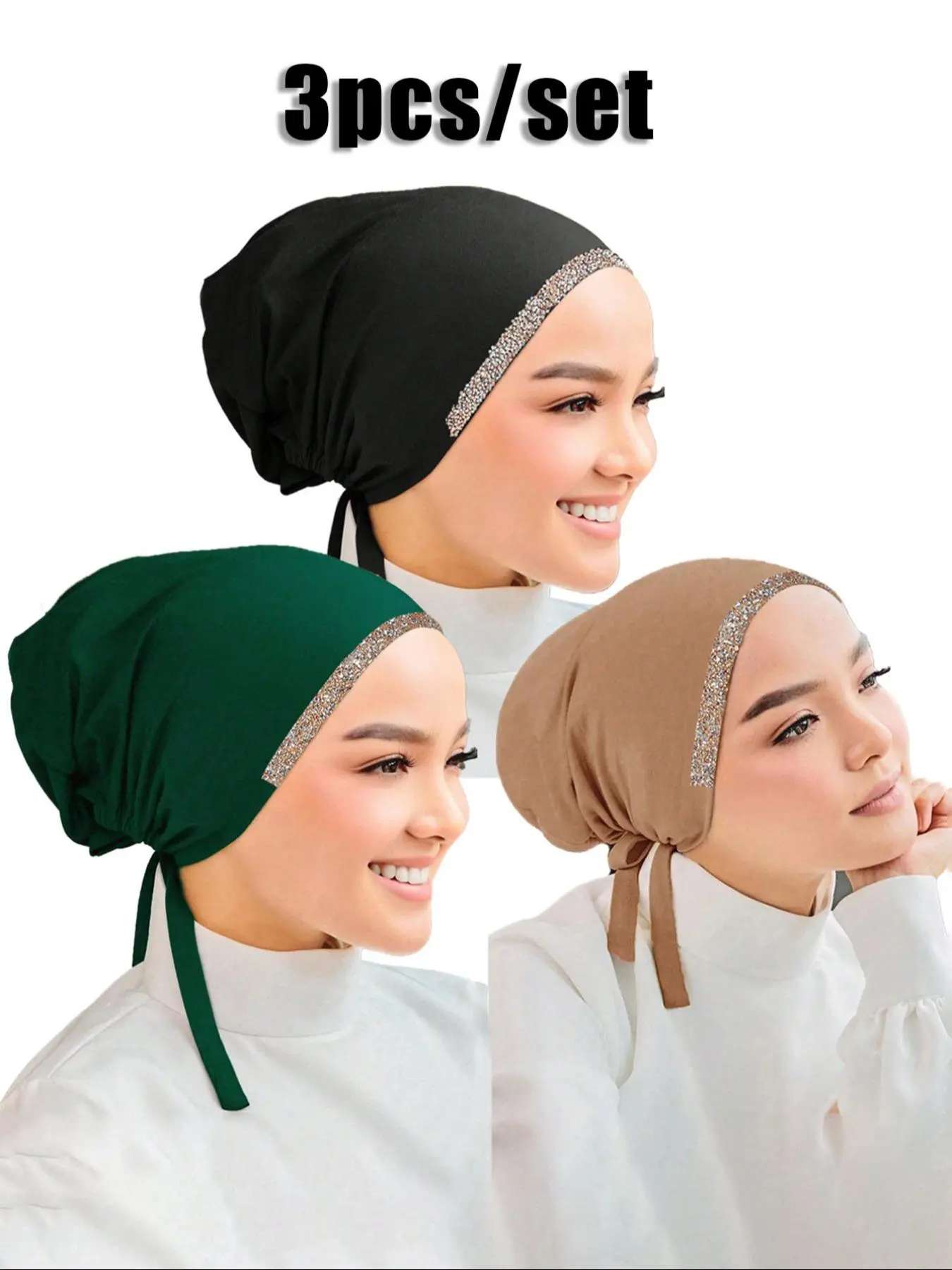 3pcs Women's Fashion Modesty Modal Tie Hat, Sparkly Solid Rhinestone Inner Hijab, Hijab Undercap, Hijab Turban, Comfortable Breathable for Prayer, Daily Wear, All Seasons