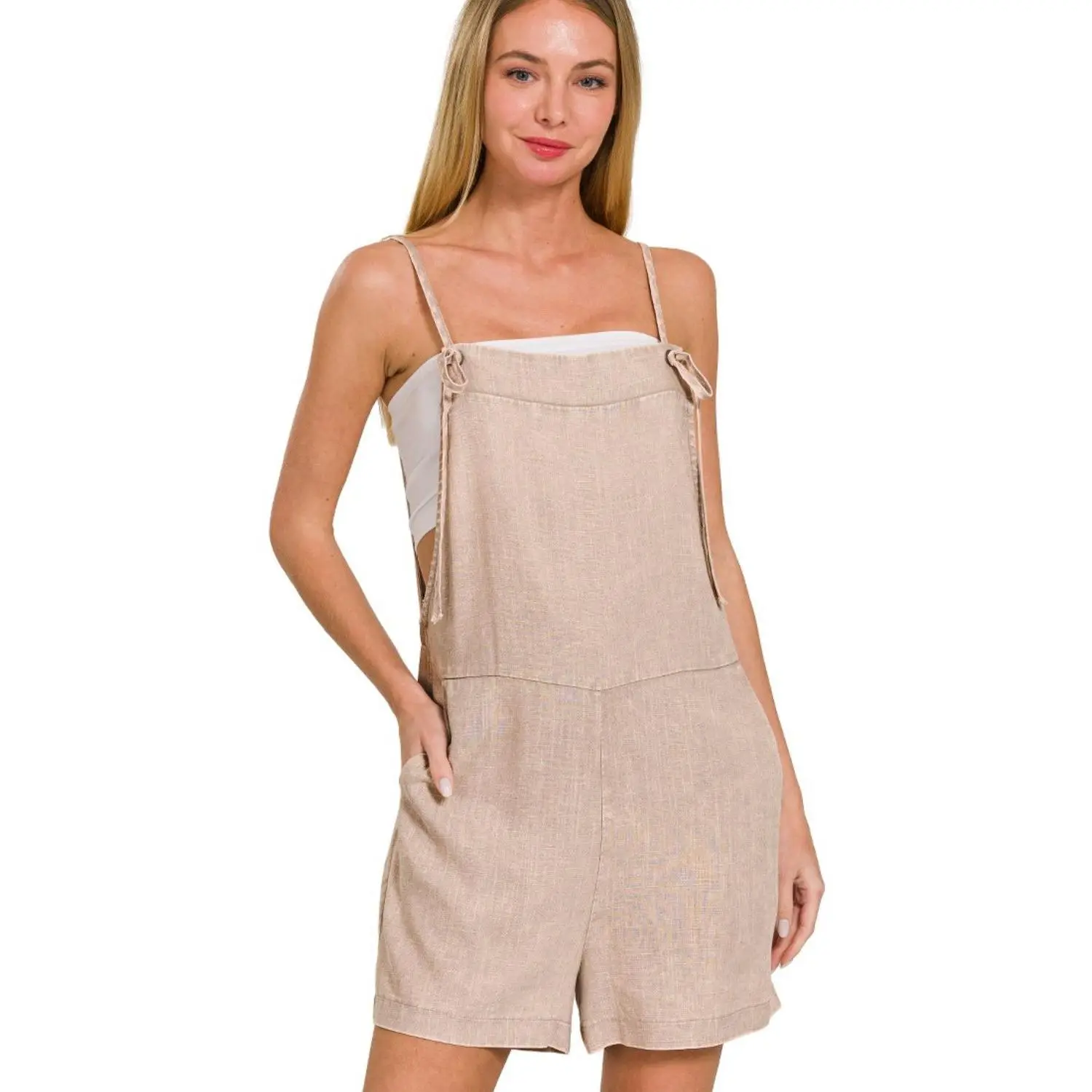 Zenana Washed Linen Knot Strap Rompers
