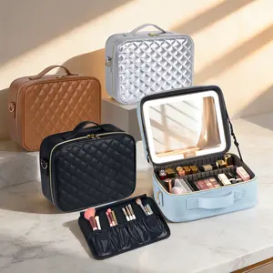 Light Travel Makeup Train Case for Women, Makeup Bag with LED Mirror, Cosmetic Bag Organizer, Portable Artist Storage Bag with Adjustable Dividers, Makeup Brushes Storage Organizer and 3 Color Lights, Ultra Collection Bag, Travel Accessories, 10inch