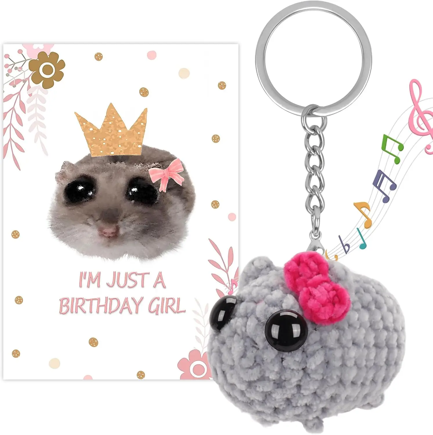 Sad Hamster Meme Bow Keychain with Sound Adorable Hand-Knitted Sad Hamster Plush with Gift Card for Women Girls Birthday