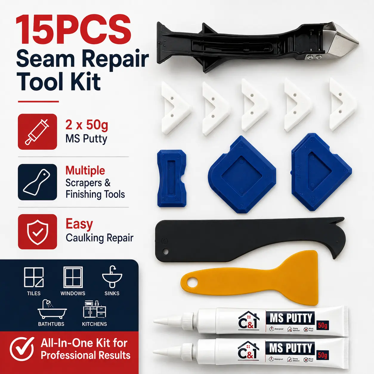 15PCS Seam Repair Tool Kit with 2 x 50g MS Putty, Caulk Remover & Finishing Tools, Grout Scraper Set for Tile, Sink, Bathtub, Kitchen & Bathroom Repair