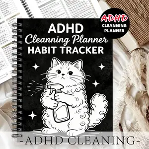 1pc ADHD Cleaning Planner Themed Subject Notebook, Cat Motivational Style - for Housewives, Featuring Fluffy Cats and Spray Bottle Star Patterns. Record Cleaning Habits. Habit Tracking Book, Daily Planner. 5.5x8.3 Inch Notebook
