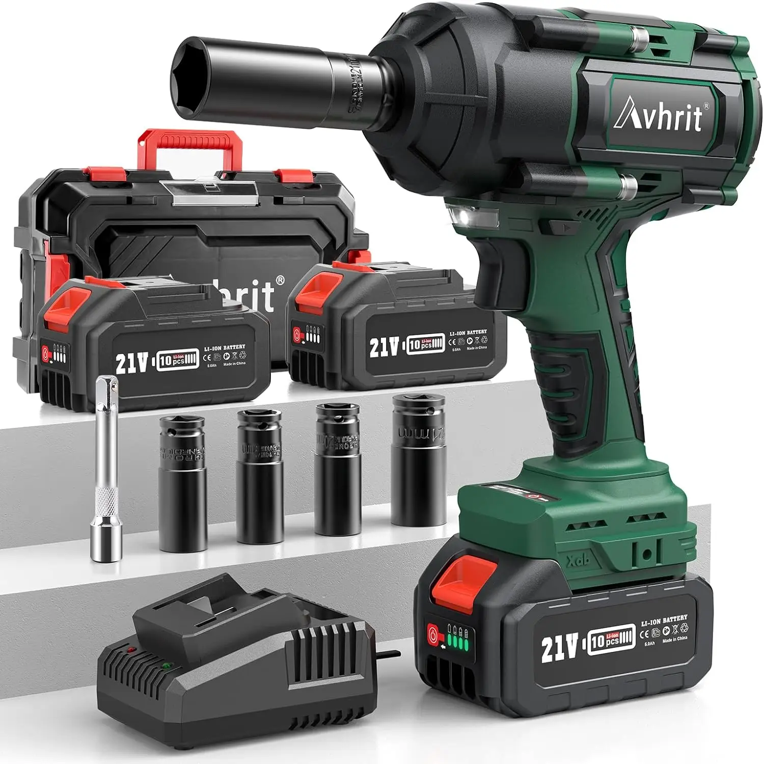 Avhrit 1000N·m(738ft-lb) Cordless 1/2" High Torque Brushless Impact Wrench Gun Two Batteries, Fast Charger, 4 Sockets, 1 extension bar& Storage Case,