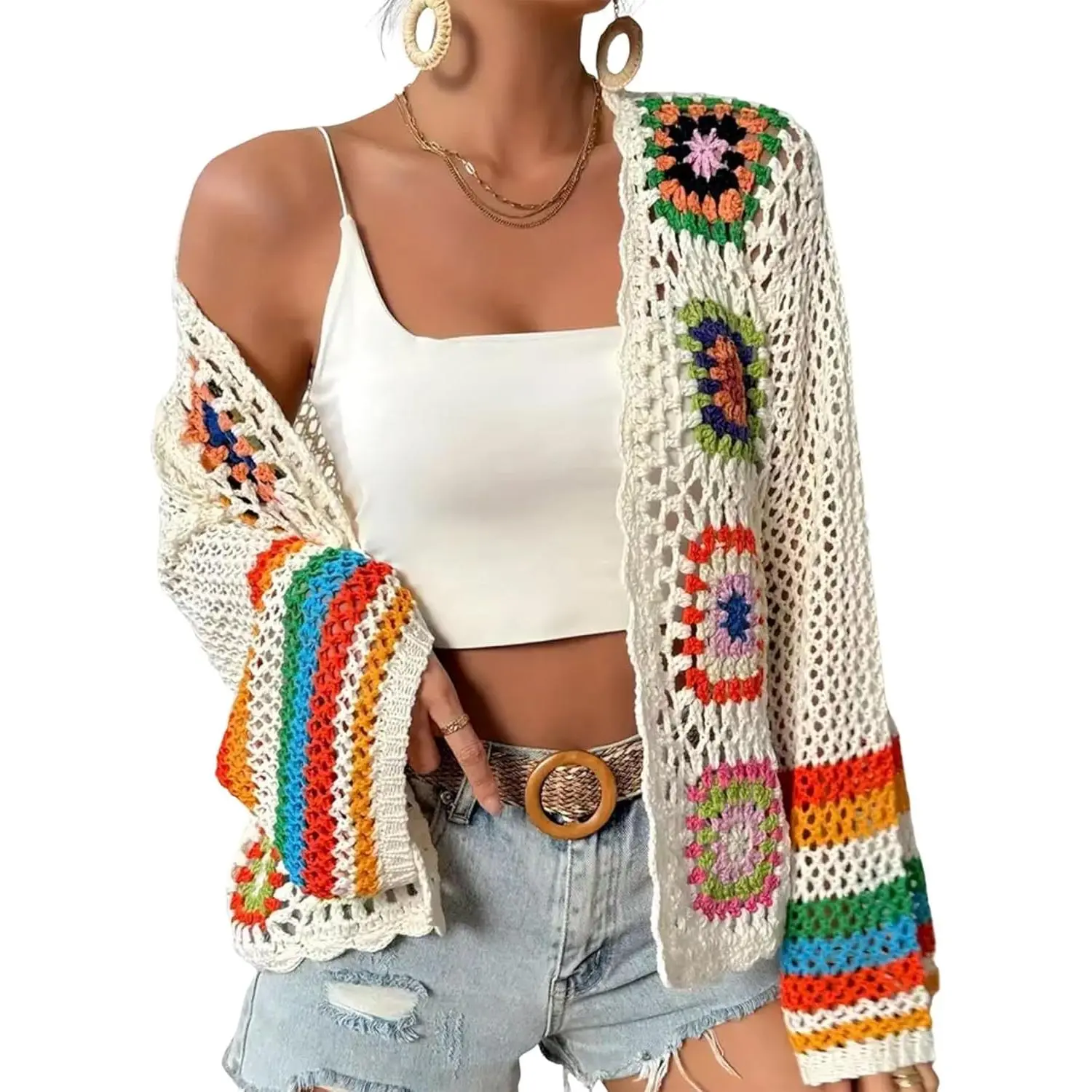 Women's Floral Crochet Cardigan Boho Hollow Out Sweater Cardigan