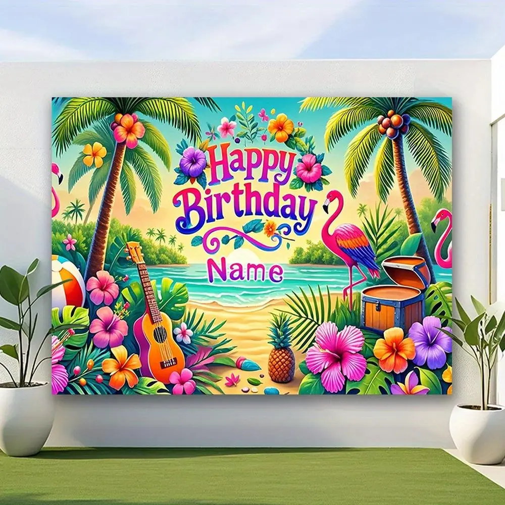 1PC Polyester 2D Flat Custom Hawaiian Tropical Birthday Photo Backdrop Banner - Multicolor Reusable Print with Custom Name, Kids' Home & Party Decoration