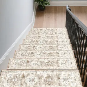 15pcs Light Gray Textured Pattern Printed Stair Treads, Non-Slip Stair Carpets, Protective Step Rugs, Bordered Stair Mats for Home Decor, Indoor Room Accessories for Bedside, Suitable for Indoor/Outdoor Stairs, Wooden or Hard Surfaces