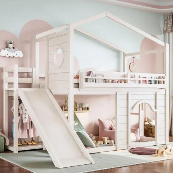 [Bellemave]Twin /Full Size House Loft Bed with Slide, Bookshelves and Built-in Wardrobe, Wood Loft Bed Frame with Round Window and Arched Door