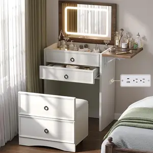VanAcc 3-in-1 Vanity Set with LED Lighted Flip Top Mirror, Small Makeup Vanity Table with Fold-Up Panel, Hidden Stool and Charging Station, Versatile Vanity for Bedroom, Dressing Room, Sturdy and Durable
