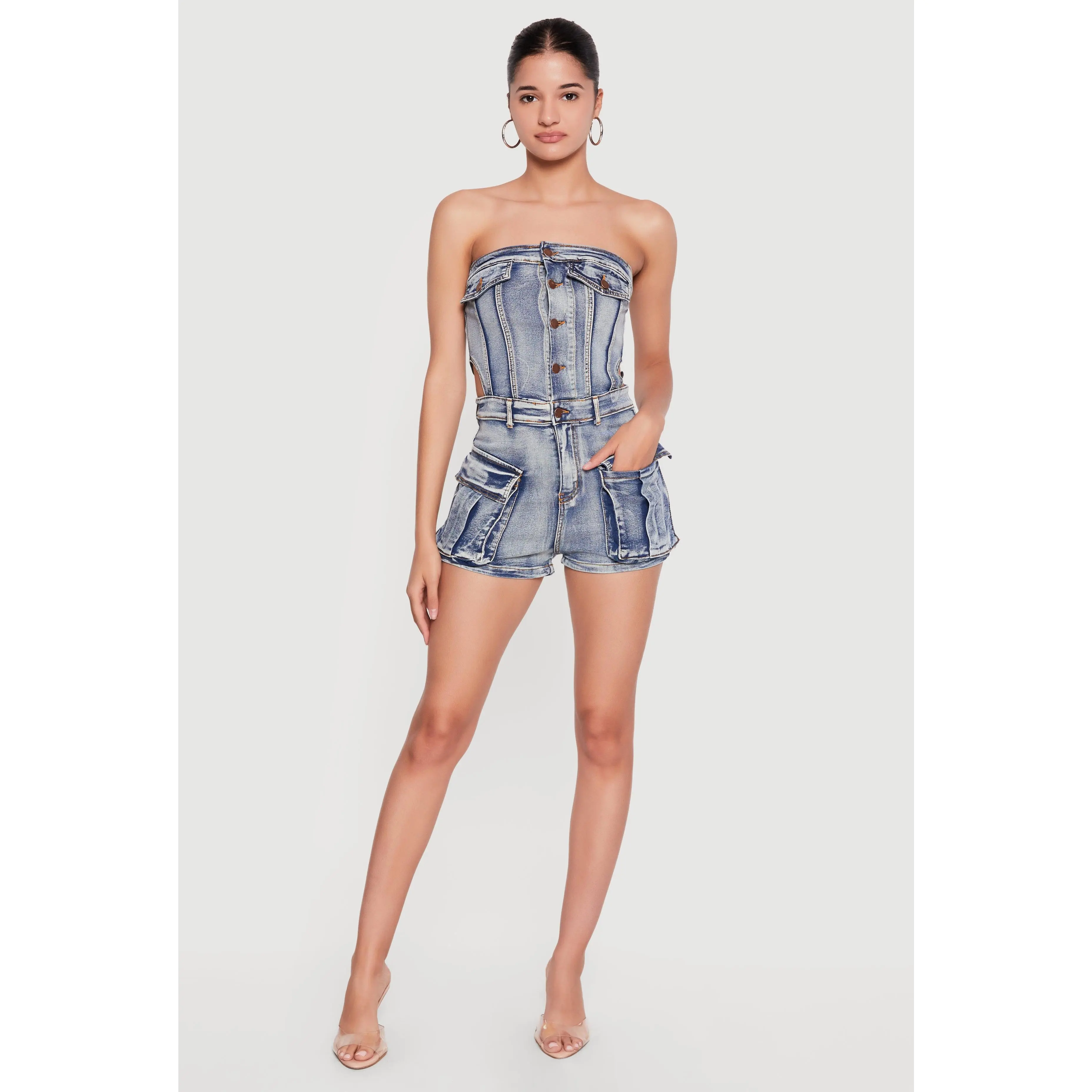 Cutout Side Cargo Pocket Denim Rompers