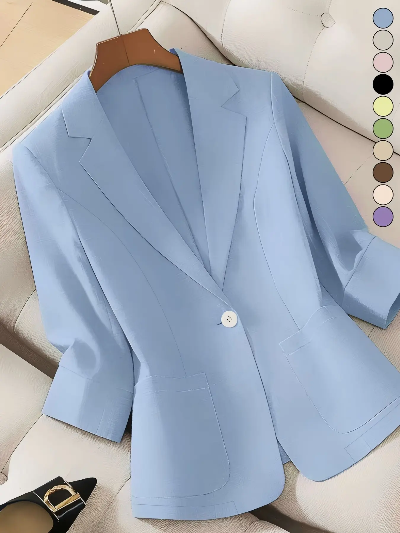 Women's Solid Color Lightweight Fitted Elegant Chic High-End Business Work Clothes Three-quarter Sleeve Blazer, Suitable for Spring and Summer, Ideal for Commuting and Daily Wear, Womenswear