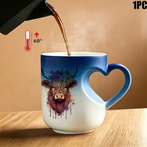 Highland Cow Color-Changing Ceramic Coffee Mug, Heat-Activated Reveal Cup, Heart Handle, 11oz/330ML, Reusable, Perfect for Hot Drinks