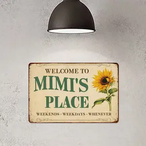 "Welcome To Mimi's Place" Vintage Sunflower Metal Sign, 8x12 Inch Retro Rustic Wall Decor