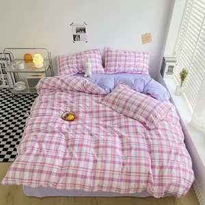 4pcs Plaid Bedding Set (1 Fitted Sheet + 1 Flat Sheet + 2 Pillowcases), Multiple Colors Available, Vintage Style Couple Room Decor