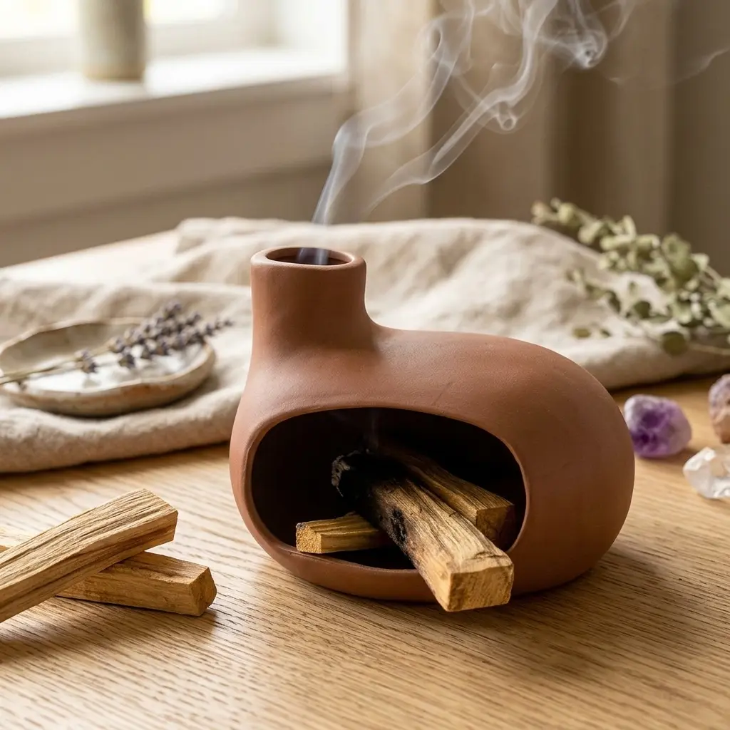 Terracotta Palo Santo Holder - Modern Chiminea Incense Burner for Yoga, Meditation, and Energy Cleansing - Wood Sticks Dish, Sage Ash Catcher, Smudge Bowl, Cone Burner - Unique Meditation Gift