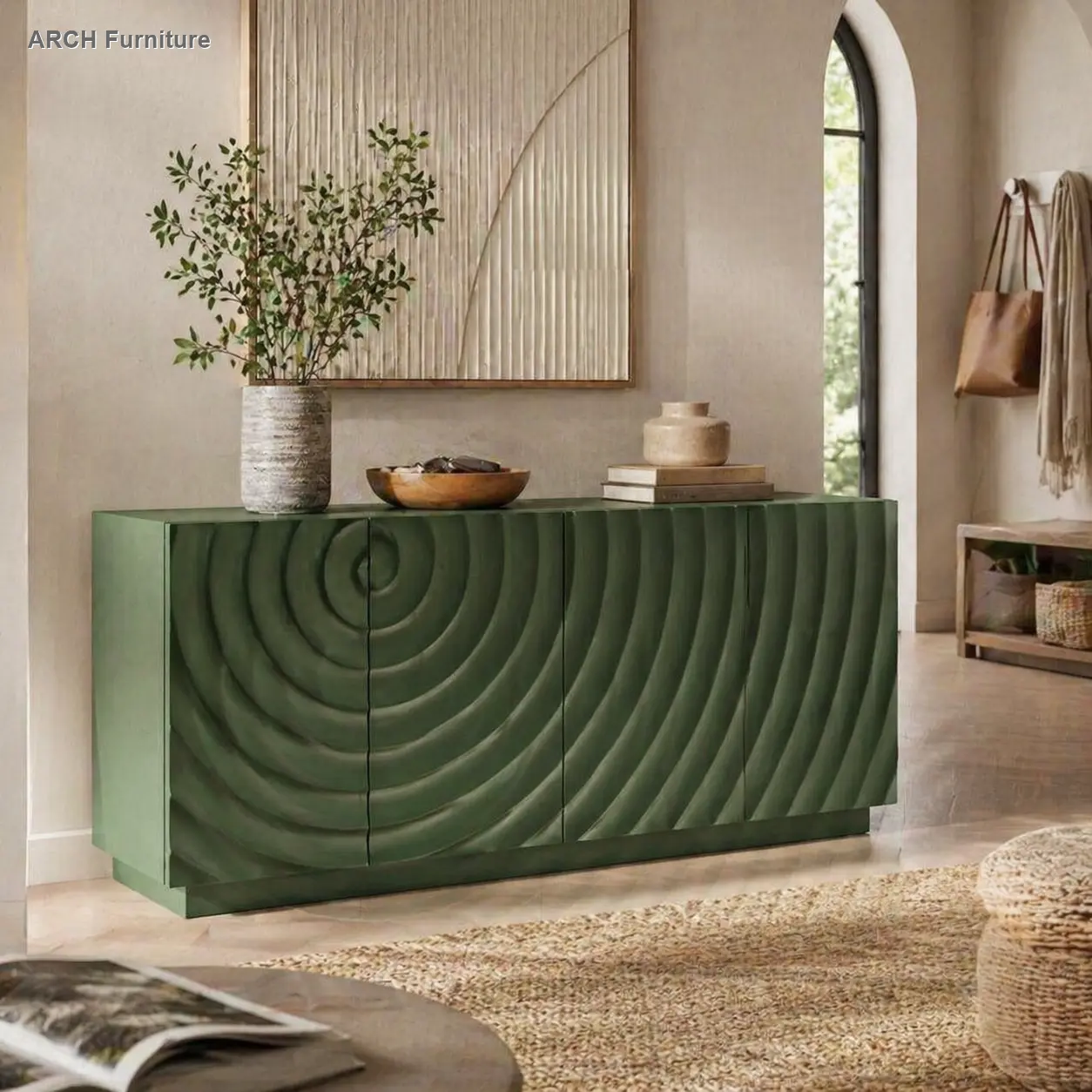 59" Mid-Century Modern Green Painted 4-Door Wood Curved Sideboard - Spacious Wave Texture Hidden Compartments Openable Storage Cabinet, Smart Entry Living Room Credenza, Curved Sideboards, Hidden Compartments Sideboards