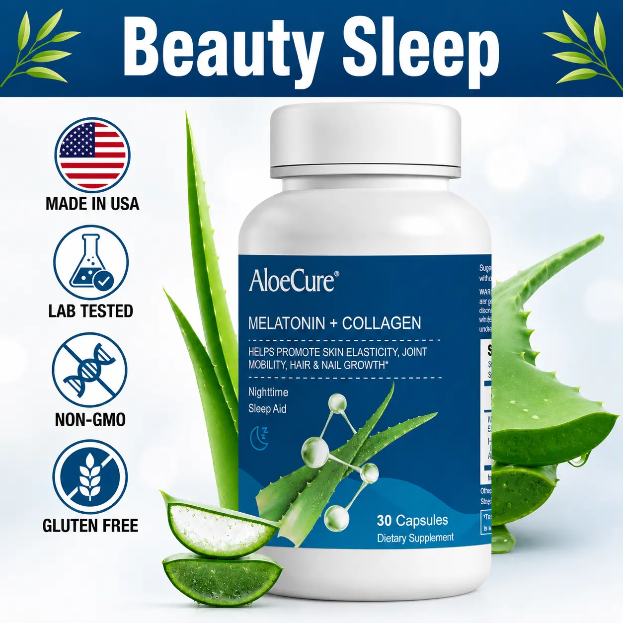 AloeCure Natural Melatonin + Collagen - Natural Sleep Aid Supplement for Restful Nights - Collagen Complex for Joint Strength, Skin Elasticity, Hair & Nail Growth, Organic Aloe - 30 Capsules