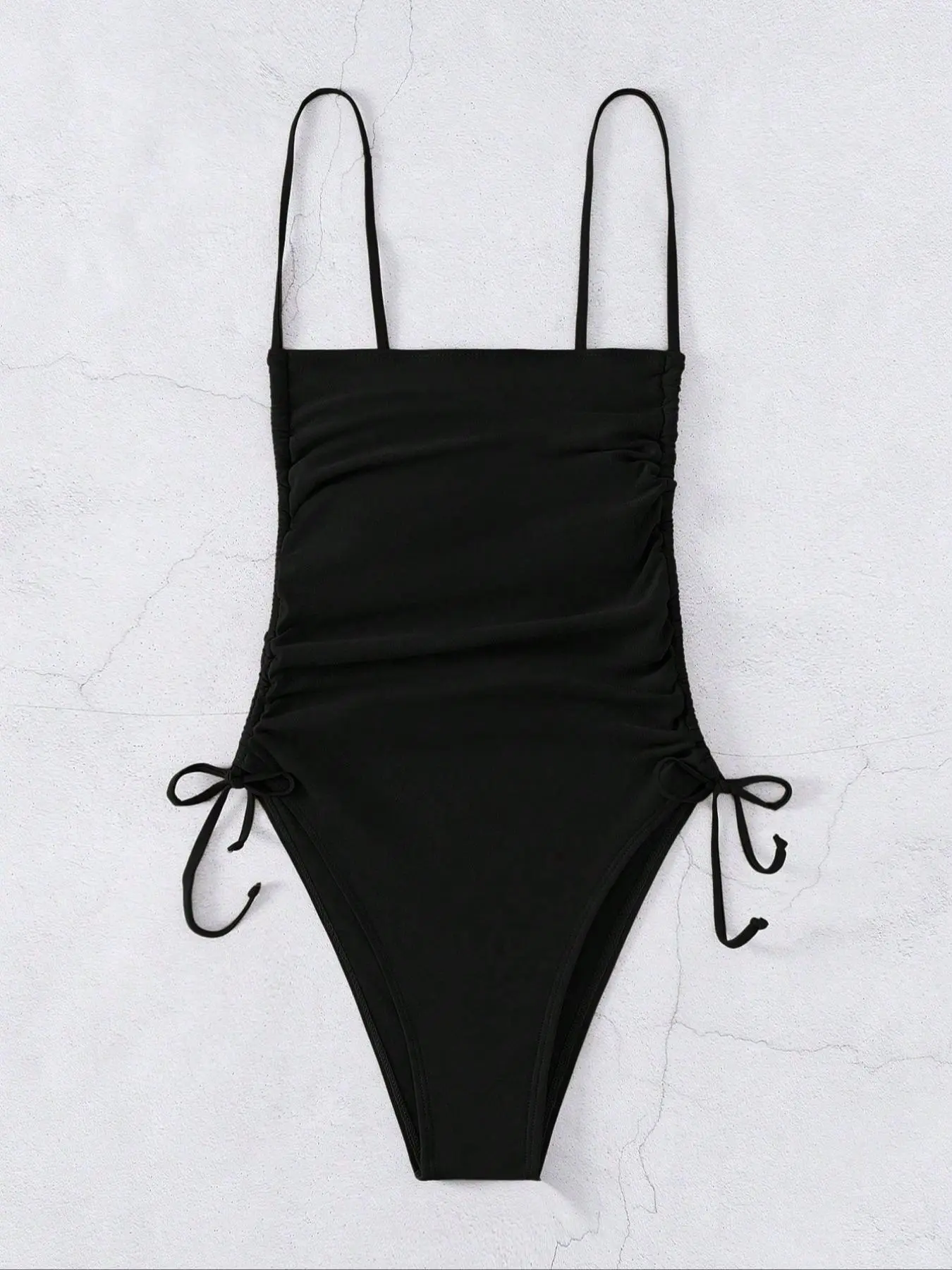 Women's Solid Ruched Drawstring Side One-piece Swimsuit, Casual Comfortable Sleeveless Swimwear for Beach Holiday Vacation, Ladies Swimsuit for All Seasons, Drawstring Swimsuits