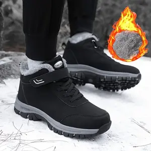 Men's Winter Snow Hiking Boots with Collar Heavy Duty TPR Traction Tires Upper Warm Ankle High for Ice Snow and Outdoor Activities Black Cold Weather Footwear Boy Walking Shoes